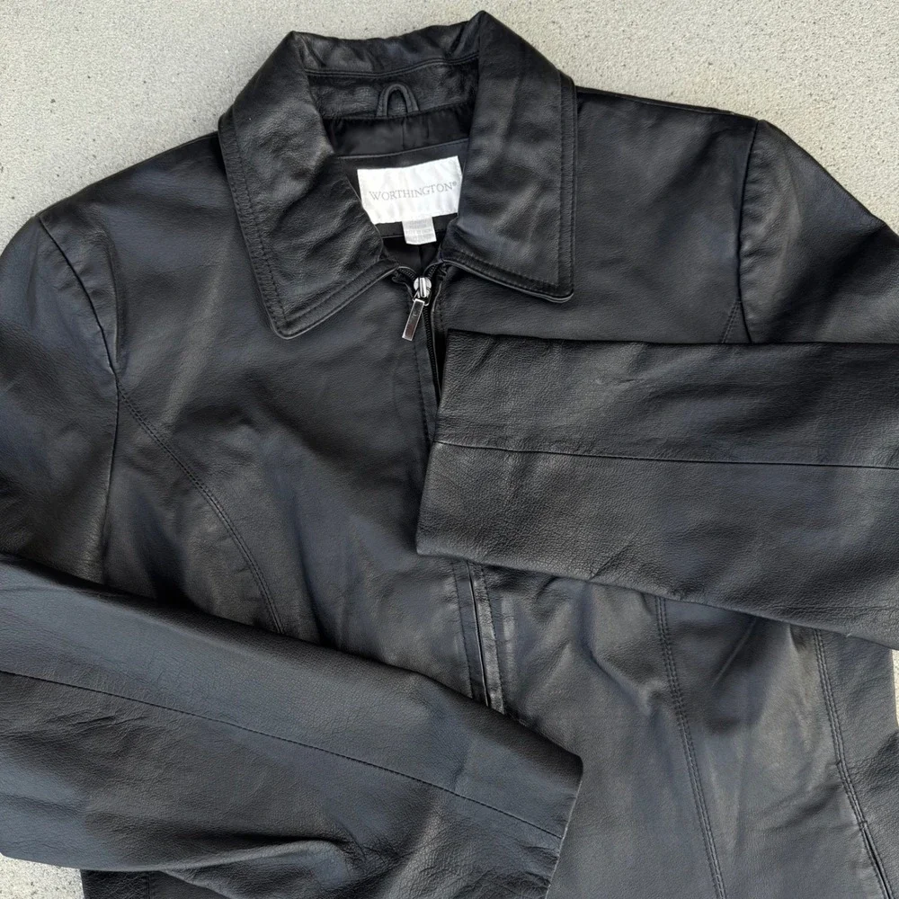 Worthington Black Leather Jacket Womens Medium Full‎ Zip Nappa Leather Coat